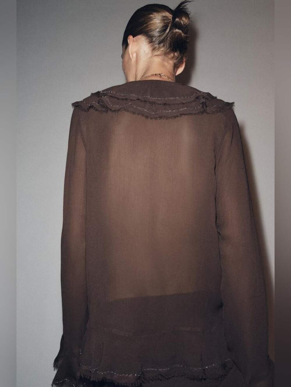 Zara NWT ZW COLLECTION BEADED RUFFLED BLOUSE Brown 5107/287/700 Size Small - Picture 2 of 8
